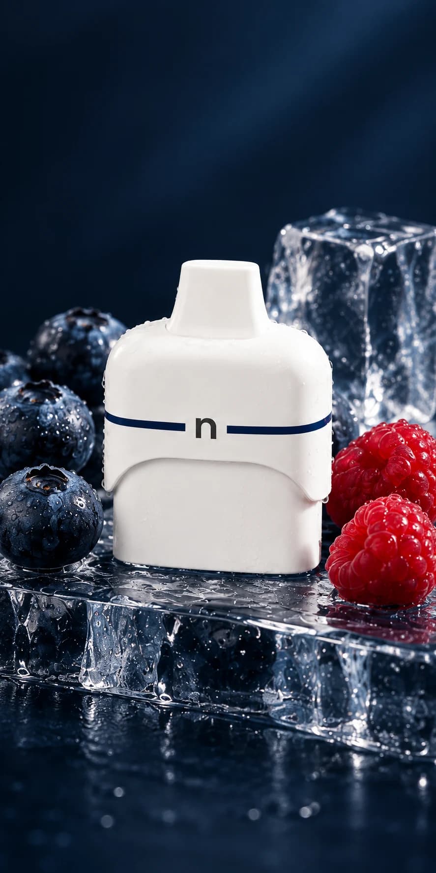 Blue Razz Ice replacement pod photographed with berries and ice on cool glass