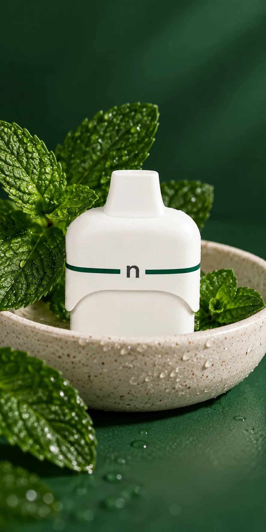Mint replacement pod photographed with fresh mint in an ivory ceramic dish