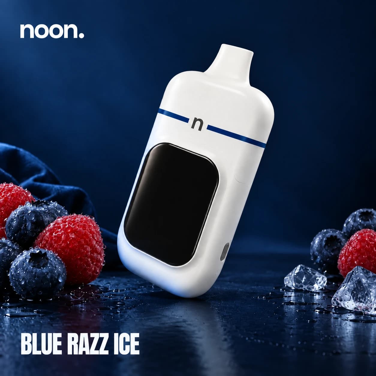 White Noon device in the Blue Razz Ice setting with subtle reflected light and ice